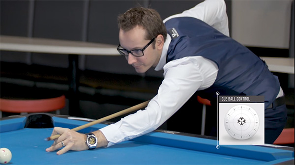 Florian’s 10 ball break set up has a slightly angled stick with a hit just above center on the cue ball