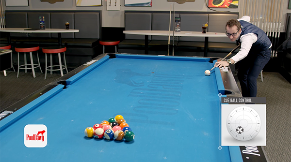 Florian Kohler setting up to break from the side into the second ball with low left position on the cue ball to make the 8 ball on the break shot