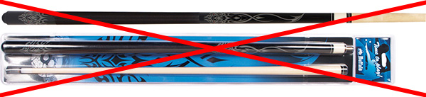 Pool cue shown in the “blister” see-through plastic packaging that would indicate poor quality.