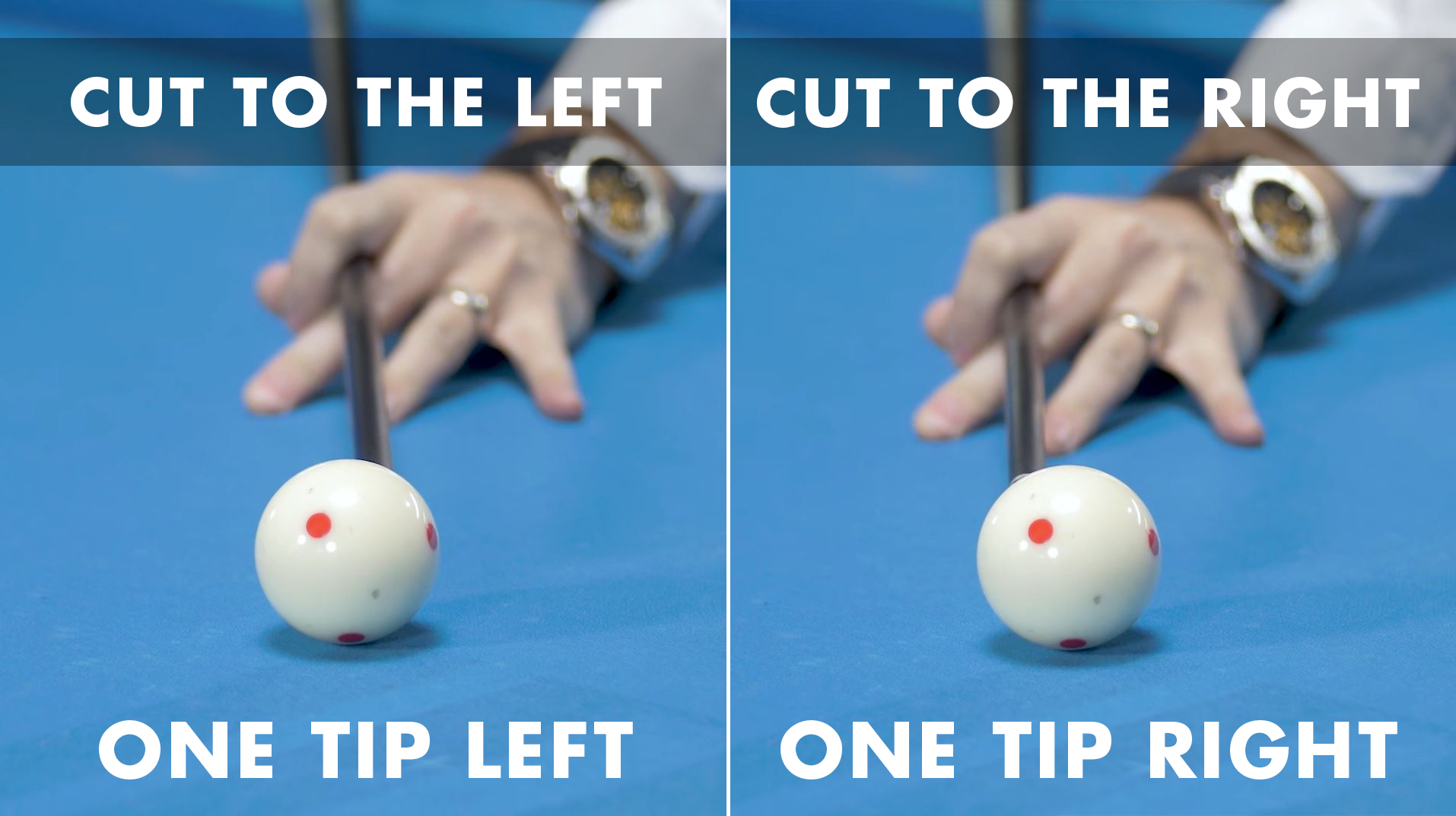 CTE aiming requires planting your bridge hand with one tip of left spin for left cut shots or one tip of right if cutting to the right.