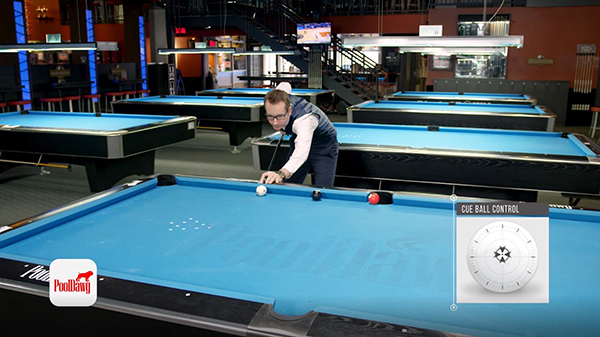 Florian uses mirror kicking/banking system splitting the difference in distance between cue ball and object ball, aiming his shot at the diamond in the middle.