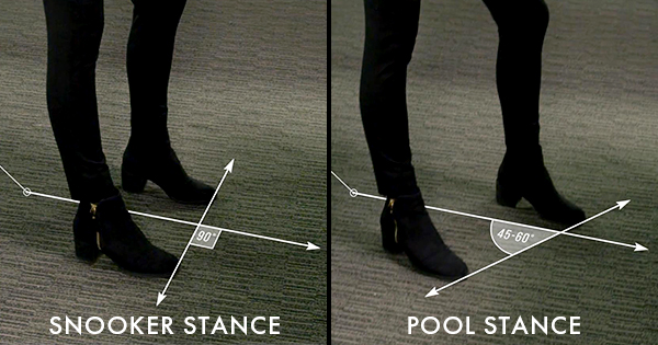 showing a perpendicular snooker stance verses the ideal staggered stance for pool