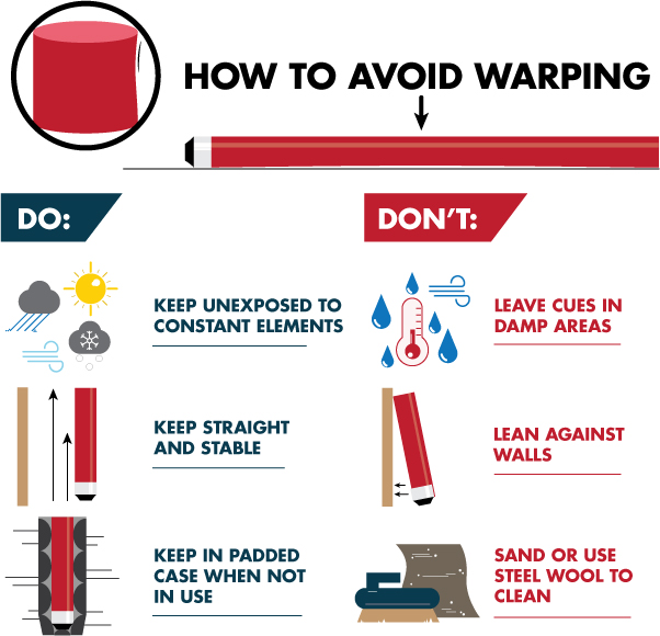 Infographic showing how to avoid warping of a pool cue do’s and don'ts